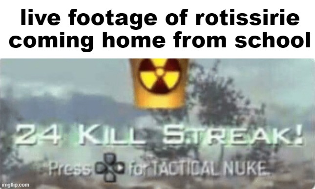 i cant spell | live footage of rotissirie coming home from school | image tagged in blank white template,killstreak meme | made w/ Imgflip meme maker