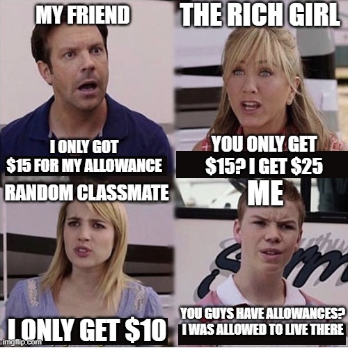 You guys get allowances? | THE RICH GIRL; MY FRIEND; YOU ONLY GET $15? I GET $25; I ONLY GOT $15 FOR MY ALLOWANCE; RANDOM CLASSMATE; ME; YOU GUYS HAVE ALLOWANCES? I WAS ALLOWED TO LIVE THERE; I ONLY GET $10 | image tagged in you guys are getting paid template | made w/ Imgflip meme maker