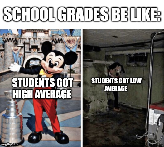 Basement Mickey Mouse | SCHOOL GRADES BE LIKE:; STUDENTS GOT LOW
AVERAGE; STUDENTS GOT HIGH AVERAGE | image tagged in basement mickey mouse | made w/ Imgflip meme maker