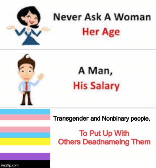 Never ask transgender and nonbinary people | Transgender | image tagged in never ask a woman her age,lgbtq,transgender,nonbinary | made w/ Imgflip meme maker