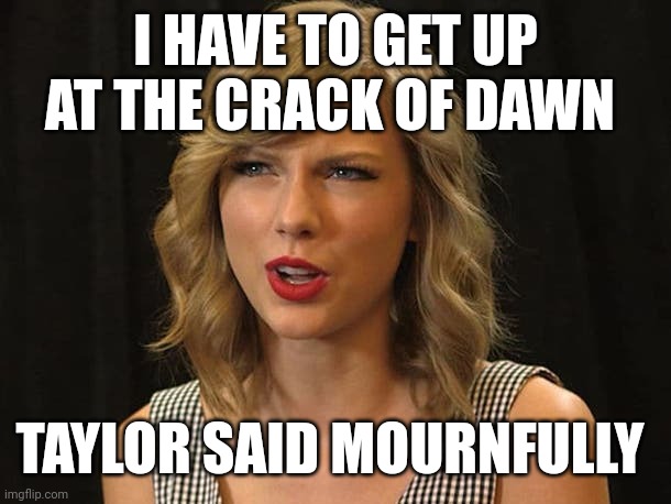 Taylor said mournfully | I HAVE TO GET UP AT THE CRACK OF DAWN; TAYLOR SAID MOURNFULLY | image tagged in taylor swiftie | made w/ Imgflip meme maker