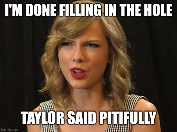 Taylor said pitifully | I'M DONE FILLING IN THE HOLE; TAYLOR SAID PITIFULLY | image tagged in taylor swiftie | made w/ Imgflip meme maker