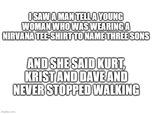 Name Three Sons | I SAW A MAN TELL A YOUNG WOMAN WHO WAS WEARING A NIRVANA TEE-SHIRT TO NAME THREE SONS; AND SHE SAID KURT, KRIST AND DAVE AND NEVER STOPPED WALKING | image tagged in nirvana,name three songs | made w/ Imgflip meme maker