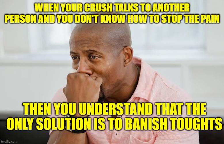 WHEN YOUR CRUSH TALKS TO ANOTHER PERSON AND YOU DON'T KNOW HOW TO STOP THE PAIN; THEN YOU UNDERSTAND THAT THE ONLY SOLUTION IS TO BANISH TOUGHTS | made w/ Imgflip meme maker