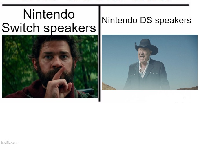 comparison table | Nintendo Switch speakers; Nintendo DS speakers | image tagged in comparison table,gaming,nintendo,nintendo switch,nintendo ds | made w/ Imgflip meme maker