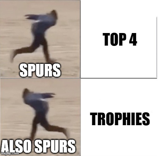 SPURS | TOP 4; SPURS; TROPHIES; ALSO SPURS | image tagged in naruto runner drake flipped | made w/ Imgflip meme maker
