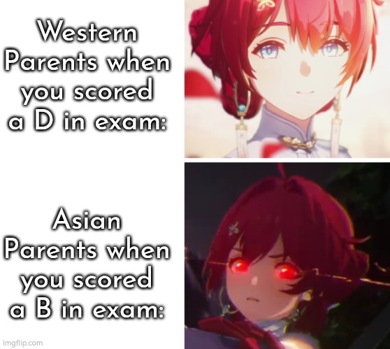 Fortunately not every Asian parents react like that. | Western Parents when you scored a D in exam:; Asian Parents when you scored a B in exam: | image tagged in memes,funny,parents,exam | made w/ Imgflip meme maker
