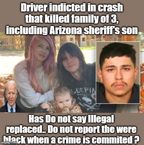 Just asking for a friend Named SAM. | Driver indicted in crash that killed family of 3, including Arizona sheriff's son; Has Do not say Illegal replaced.. Do not report the were black when a crime is commited ? | image tagged in democrats,illegal aliens,criminals | made w/ Imgflip meme maker