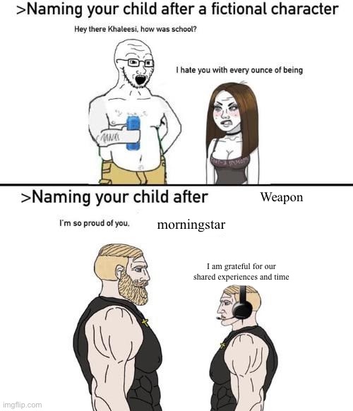 naming your child after x | Weapon; morningstar; I am grateful for our shared experiences and time | image tagged in naming your child after x | made w/ Imgflip meme maker