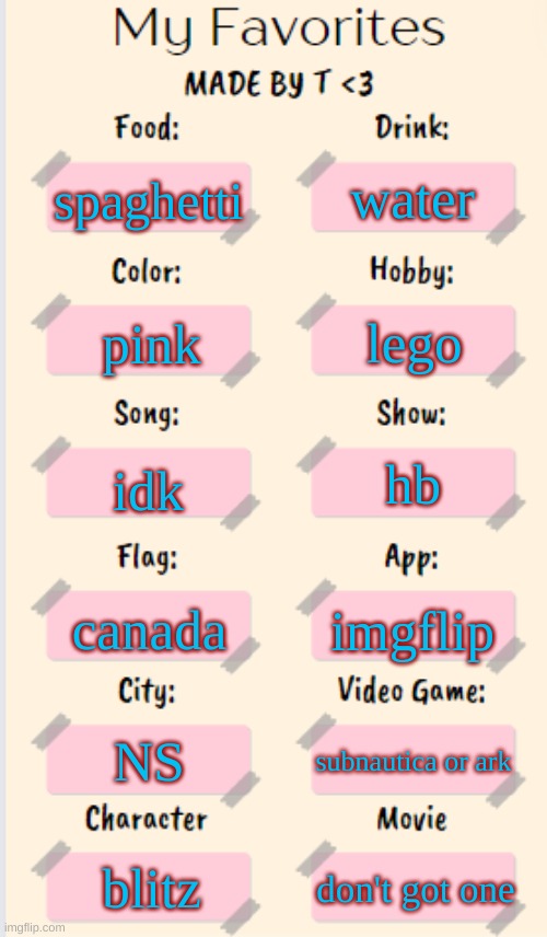 UNBANNED | water; spaghetti; lego; pink; idk; hb; canada; imgflip; NS; subnautica or ark; blitz; don't got one | image tagged in my favorites made by t | made w/ Imgflip meme maker