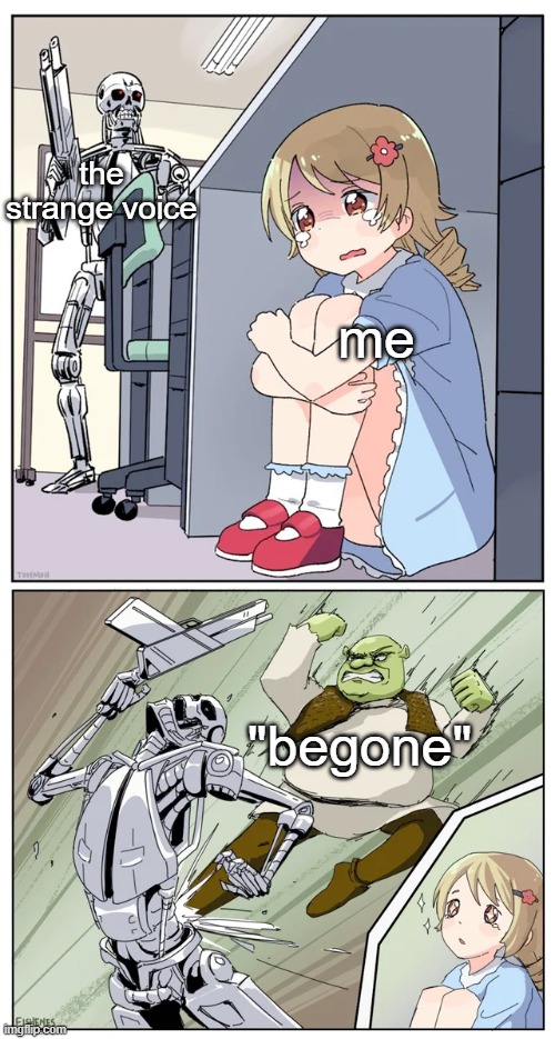 when something tells you to come here in bedtime,say begone | the strange voice; me; "begone" | image tagged in shrek killing terminator,memes,funny,relatable | made w/ Imgflip meme maker