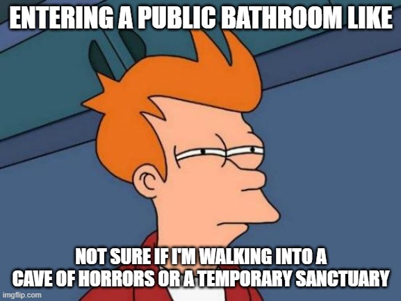 Futurama Fry Meme | ENTERING A PUBLIC BATHROOM LIKE; NOT SURE IF I'M WALKING INTO A CAVE OF HORRORS OR A TEMPORARY SANCTUARY | image tagged in memes,futurama fry | made w/ Imgflip meme maker