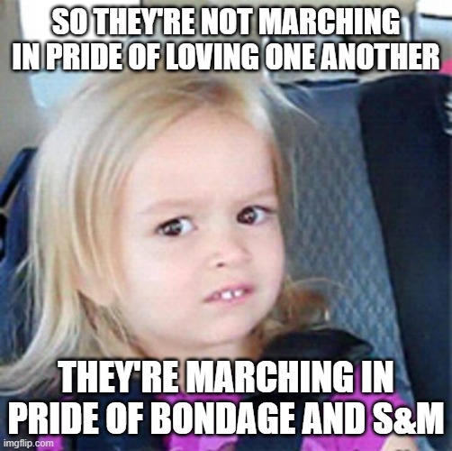 Confused Little Girl | SO THEY'RE NOT MARCHING IN PRIDE OF LOVING ONE ANOTHER THEY'RE MARCHING IN PRIDE OF BONDAGE AND S&M | image tagged in confused little girl | made w/ Imgflip meme maker