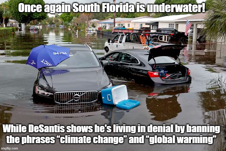 Do you really want politicians who deal with climate change by banning the phrases “climate change” and “global warming”? | Once again South Florida is underwater! While DeSantis shows he's living in denial by banning 
the phrases “climate change” and “global warming” | image tagged in ron desantis,florida,climate change,global warming,denier,flooding | made w/ Imgflip meme maker