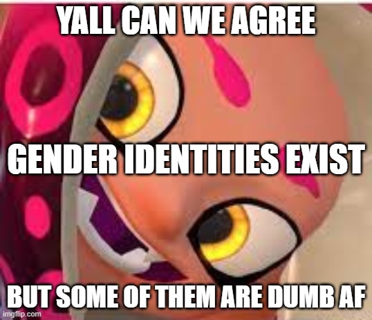 excited agent 8 | YALL CAN WE AGREE; GENDER IDENTITIES EXIST; BUT SOME OF THEM ARE DUMB AF | image tagged in excited agent 8 | made w/ Imgflip meme maker
