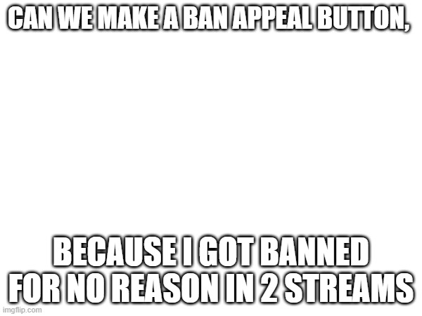 CAN WE MAKE A BAN APPEAL BUTTON, BECAUSE I GOT BANNED FOR NO REASON IN 2 STREAMS | made w/ Imgflip meme maker