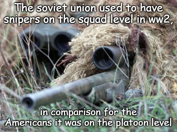 British Sniper Team | The soviet union used to have snipers on the squad level in ww2, in comparison for the Americans it was on the platoon level | image tagged in british sniper team | made w/ Imgflip meme maker