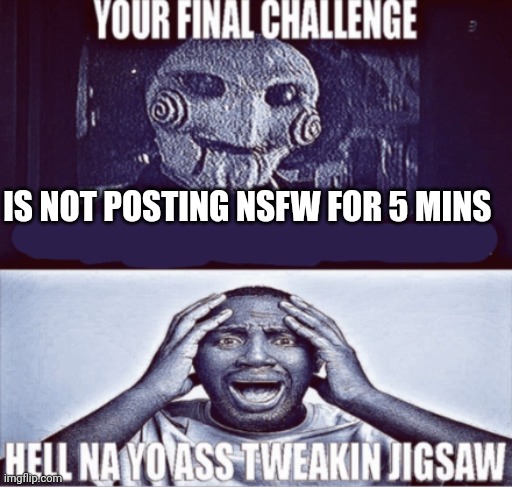 your final challenge | IS NOT POSTING NSFW FOR 5 MINS | image tagged in your final challenge | made w/ Imgflip meme maker
