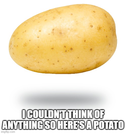 potato | I COULDN'T THINK OF ANYTHING SO HERE'S A POTATO | image tagged in potato,potatoo,potatooo,potatoooo,potatooooo,potatoooooo | made w/ Imgflip meme maker