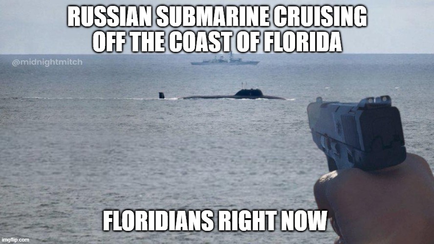 Russian sub in Florida | RUSSIAN SUBMARINE CRUISING OFF THE COAST OF FLORIDA; FLORIDIANS RIGHT NOW | image tagged in russia,florida man,guns | made w/ Imgflip meme maker