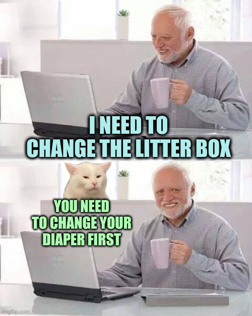 Hide The Smudge Harold | I NEED TO CHANGE THE LITTER BOX; YOU NEED TO CHANGE YOUR DIAPER FIRST | image tagged in hide the smudge harold,hide the pain harold,smudge the cat,litter box,diaper,smelly | made w/ Imgflip meme maker