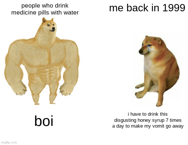 Buff Doge vs. Cheems | people who drink medicine pills with water; me back in 1999; boi; i have to drink this disgusting honey syrup 7 times a day to make my vomit go away | image tagged in memes,buff doge vs cheems | made w/ Imgflip meme maker