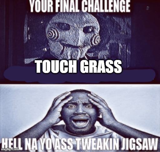 your final challenge | TOUCH GRASS | image tagged in your final challenge | made w/ Imgflip meme maker
