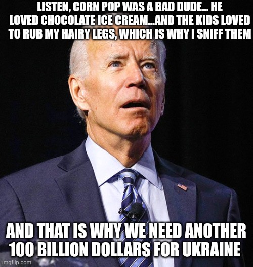 This administration in a nutshell. | LISTEN, CORN POP WAS A BAD DUDE... HE LOVED CHOCOLATE ICE CREAM...AND THE KIDS LOVED TO RUB MY HAIRY LEGS, WHICH IS WHY I SNIFF THEM; AND THAT IS WHY WE NEED ANOTHER 100 BILLION DOLLARS FOR UKRAINE | image tagged in joe biden,ukraine,gay unicorn,sexy cat,poop | made w/ Imgflip meme maker