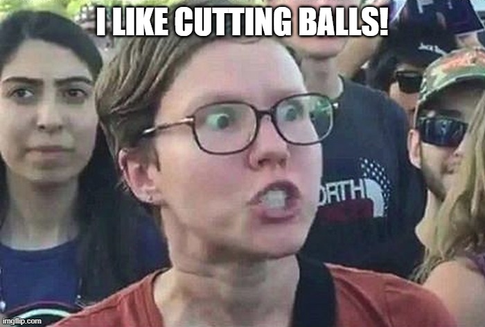 Triggered Liberal | I LIKE CUTTING BALLS! | image tagged in triggered liberal | made w/ Imgflip meme maker