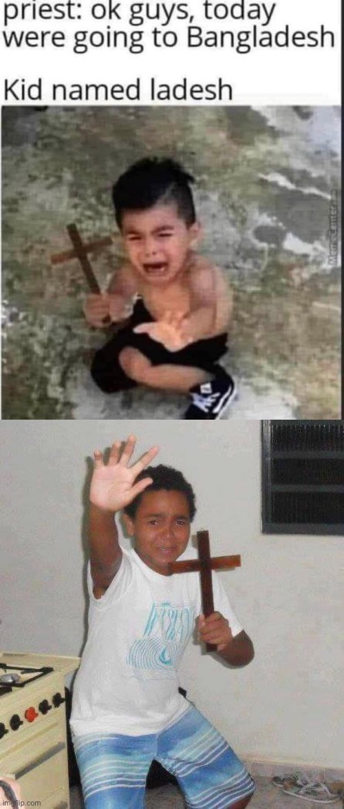 image tagged in kid with cross,bang,priest | made w/ Imgflip meme maker