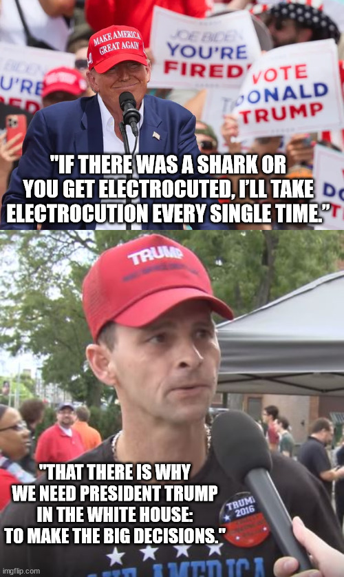 "IF THERE WAS A SHARK OR YOU GET ELECTROCUTED, I’LL TAKE ELECTROCUTION EVERY SINGLE TIME.” "THAT THERE IS WHY WE NEED PRESIDENT TRUMP IN THE | image tagged in trump supporter | made w/ Imgflip meme maker