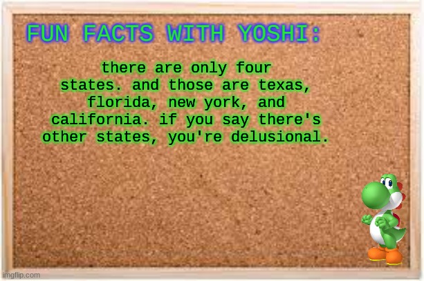 Fun Facts With Yoshi | there are only four states. and those are texas, florida, new york, and california. if you say there's other states, you're delusional. | image tagged in fun facts with yoshi | made w/ Imgflip meme maker