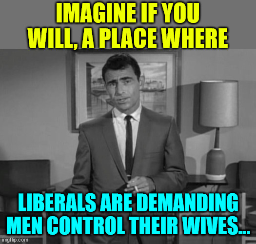 Rod Serling: Imagine If You Will | IMAGINE IF YOU WILL, A PLACE WHERE LIBERALS ARE DEMANDING MEN CONTROL THEIR WIVES... | image tagged in rod serling imagine if you will | made w/ Imgflip meme maker