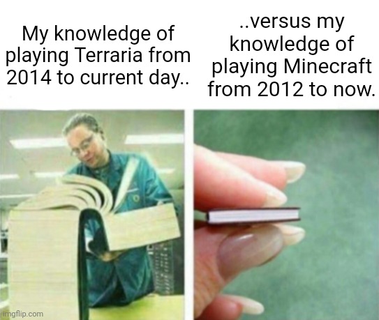 Oof. | My knowledge of playing Terraria from 2014 to current day.. ..versus my knowledge of playing Minecraft from 2012 to now. | image tagged in my knowledge of blank,memes,video games,minecraft,terraria | made w/ Imgflip meme maker