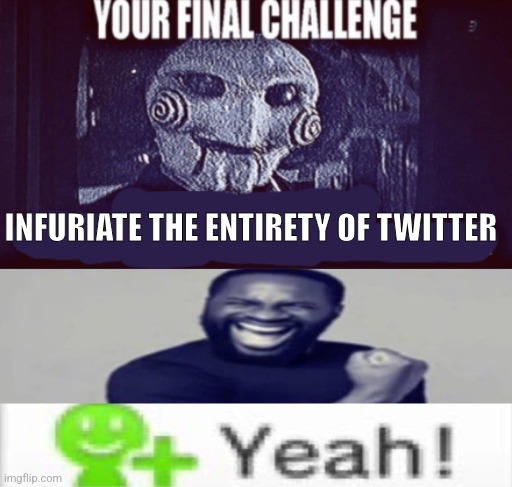 Yeah! | INFURIATE THE ENTIRETY OF TWITTER | image tagged in your final challenge | made w/ Imgflip meme maker