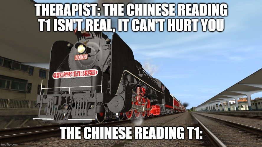 The Chinese Reading T1 meme example | THERAPIST: THE CHINESE READING T1 ISN'T REAL, IT CAN'T HURT YOU; THE CHINESE READING T1: | image tagged in the chinese reading t1,memes,funny,china,train,fiction | made w/ Imgflip meme maker