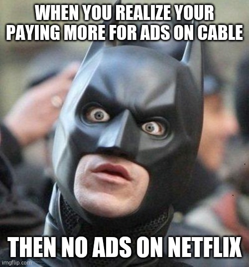 Shocked Batman | WHEN YOU REALIZE YOUR PAYING MORE FOR ADS ON CABLE; THEN NO ADS ON NETFLIX | image tagged in shocked batman | made w/ Imgflip meme maker