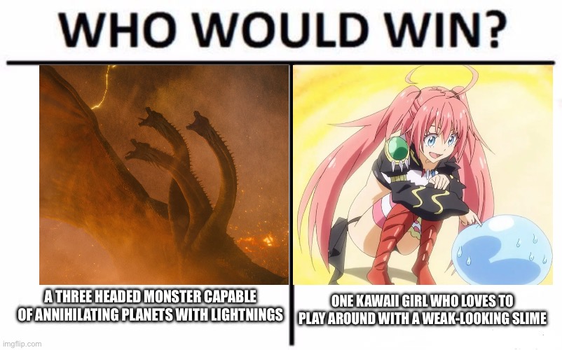 Serious vs NonSerious | A THREE HEADED MONSTER CAPABLE OF ANNIHILATING PLANETS WITH LIGHTNINGS; ONE KAWAII GIRL WHO LOVES TO PLAY AROUND WITH A WEAK-LOOKING SLIME | image tagged in memes,who would win | made w/ Imgflip meme maker