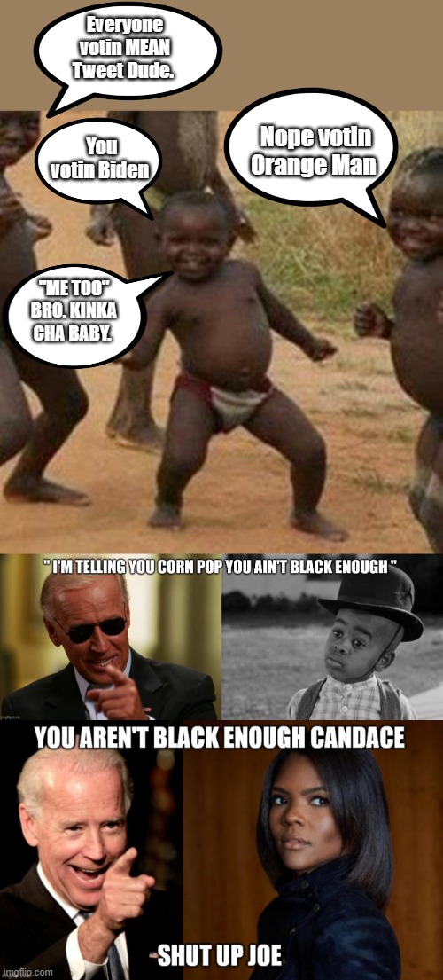 Everyone gettin free of the DEMrat Plantation. Except MAXINE & REV AL and hundreds of the 'ELITE" & The View | Everyone votin MEAN Tweet Dude. Nope votin Orange Man; You votin Biden; "ME TOO" BRO. KINKA CHA BABY. | image tagged in memes,third world success kid | made w/ Imgflip meme maker