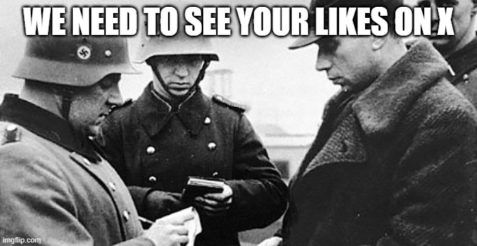 Government Looking at your Likes on X | WE NEED TO SEE YOUR LIKES ON X | image tagged in vaccination papers please,privacy,twitter,police,political meme | made w/ Imgflip meme maker