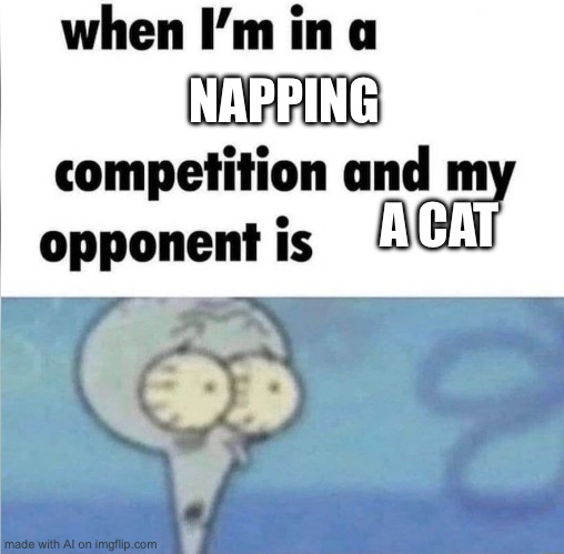 I can’t believe AI made an actually funny meme | NAPPING; A CAT | image tagged in whe i'm in a competition and my opponent is | made w/ Imgflip meme maker