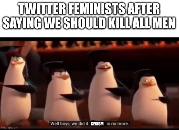 Twitter is filled with dumbos | TWITTER FEMINISTS AFTER SAYING WE SHOULD KILL ALL MEN; SEXISM | image tagged in well boys we did it blank is no more | made w/ Imgflip meme maker