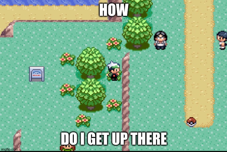 actually asking for help, there's no way up, what do i do? | HOW; DO I GET UP THERE | image tagged in pokemon,pokemon emerald,what to i do,pokemon help,help me | made w/ Imgflip meme maker