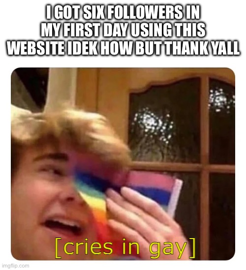 Technically this isn’t my first day using this website but I previously only used it to view memes | I GOT SIX FOLLOWERS IN MY FIRST DAY USING THIS WEBSITE IDEK HOW BUT THANK YALL | image tagged in cries in gay | made w/ Imgflip meme maker