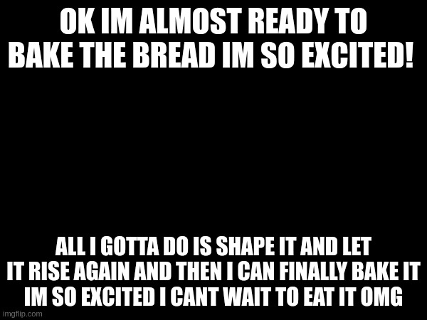OK IM ALMOST READY TO BAKE THE BREAD IM SO EXCITED! ALL I GOTTA DO IS SHAPE IT AND LET IT RISE AGAIN AND THEN I CAN FINALLY BAKE IT
IM SO EXCITED I CANT WAIT TO EAT IT OMG | made w/ Imgflip meme maker