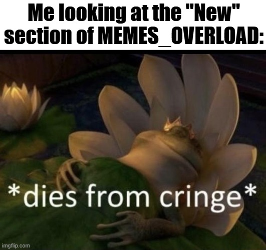 Image Title | Me looking at the "New" section of MEMES_OVERLOAD: | image tagged in dies from cringe,memes_overload,memes,cringe | made w/ Imgflip meme maker
