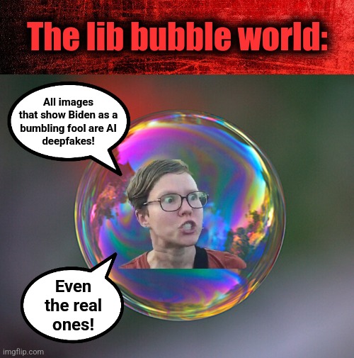 The lib bubble world:; All images
that show Biden as a
bumbling fool are AI
deepfakes! Even
the real
ones! | image tagged in memes,joe biden,democrats,bubble,dementia,deepfakes | made w/ Imgflip meme maker
