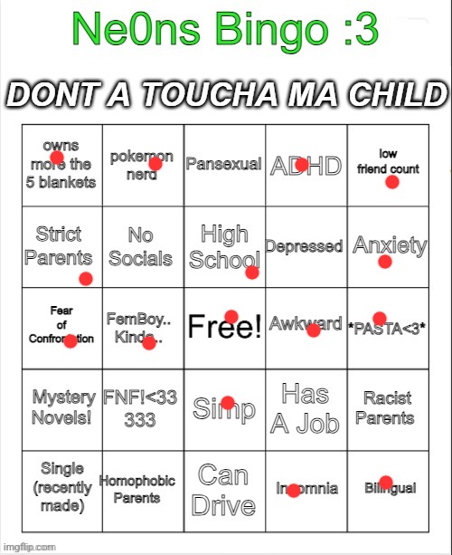 Neons Bingo | image tagged in neons bingo | made w/ Imgflip meme maker