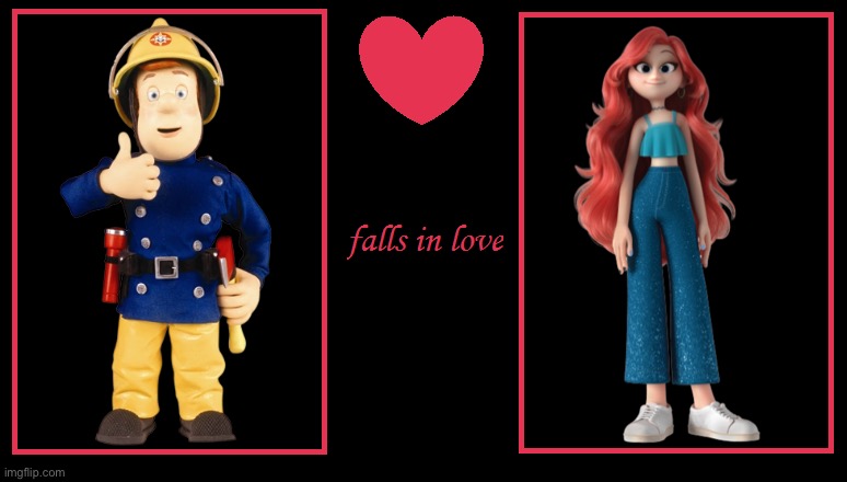 What if Fireman Sam falls in love with Chelsea Van Der Zee? | image tagged in what if a character falls in love,fireman sam,chelsea van der zee,s4c,dreamworks,prism art and design ltd | made w/ Imgflip meme maker