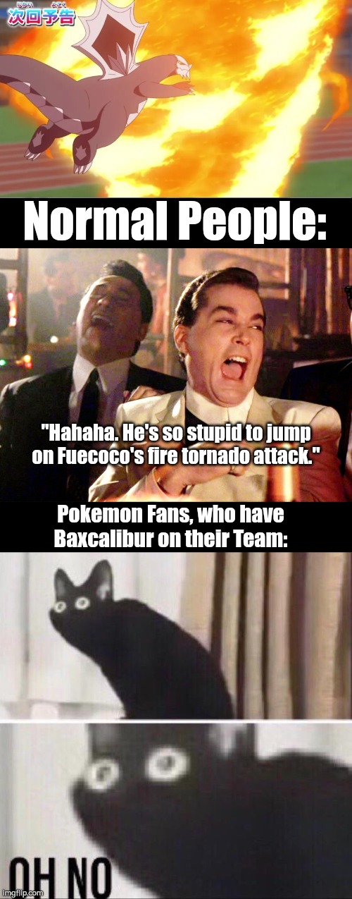Roy's Fuecoco choose death. | Normal People:; "Hahaha. He's so stupid to jump on Fuecoco's fire tornado attack."; Pokemon Fans, who have Baxcalibur on their Team: | image tagged in funny,baxcalibur | made w/ Imgflip meme maker